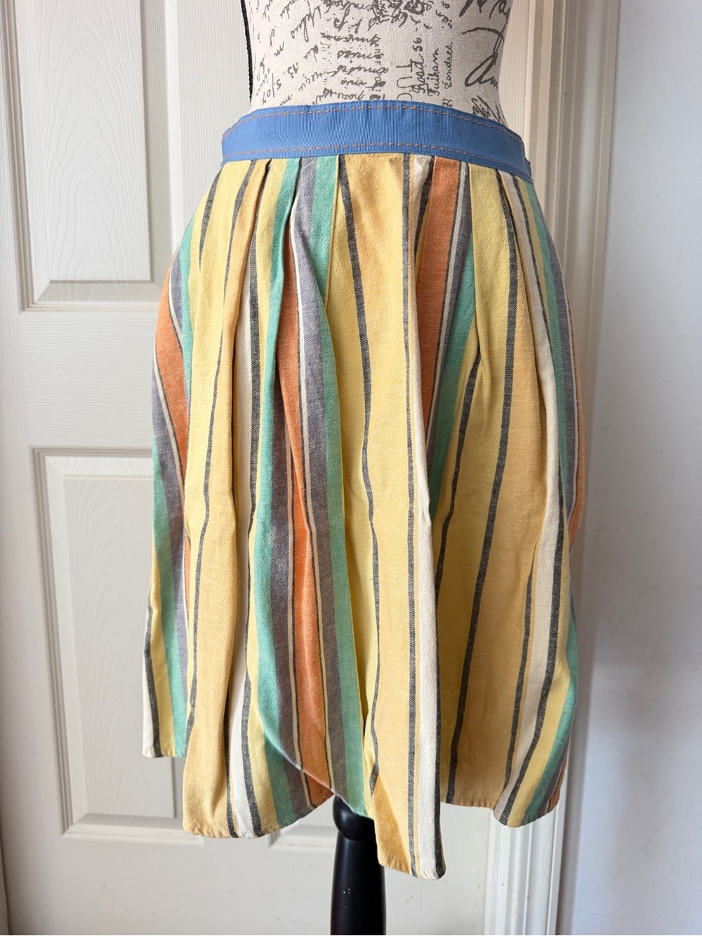 Odille Yellow Multicolor Vertical Stripe Skirt with Blue Waistband